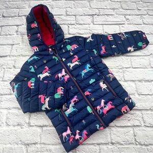 Joules Kids Puffer Jacket Right as Rain Size 7 Years Navy W/ Multicolor Horses